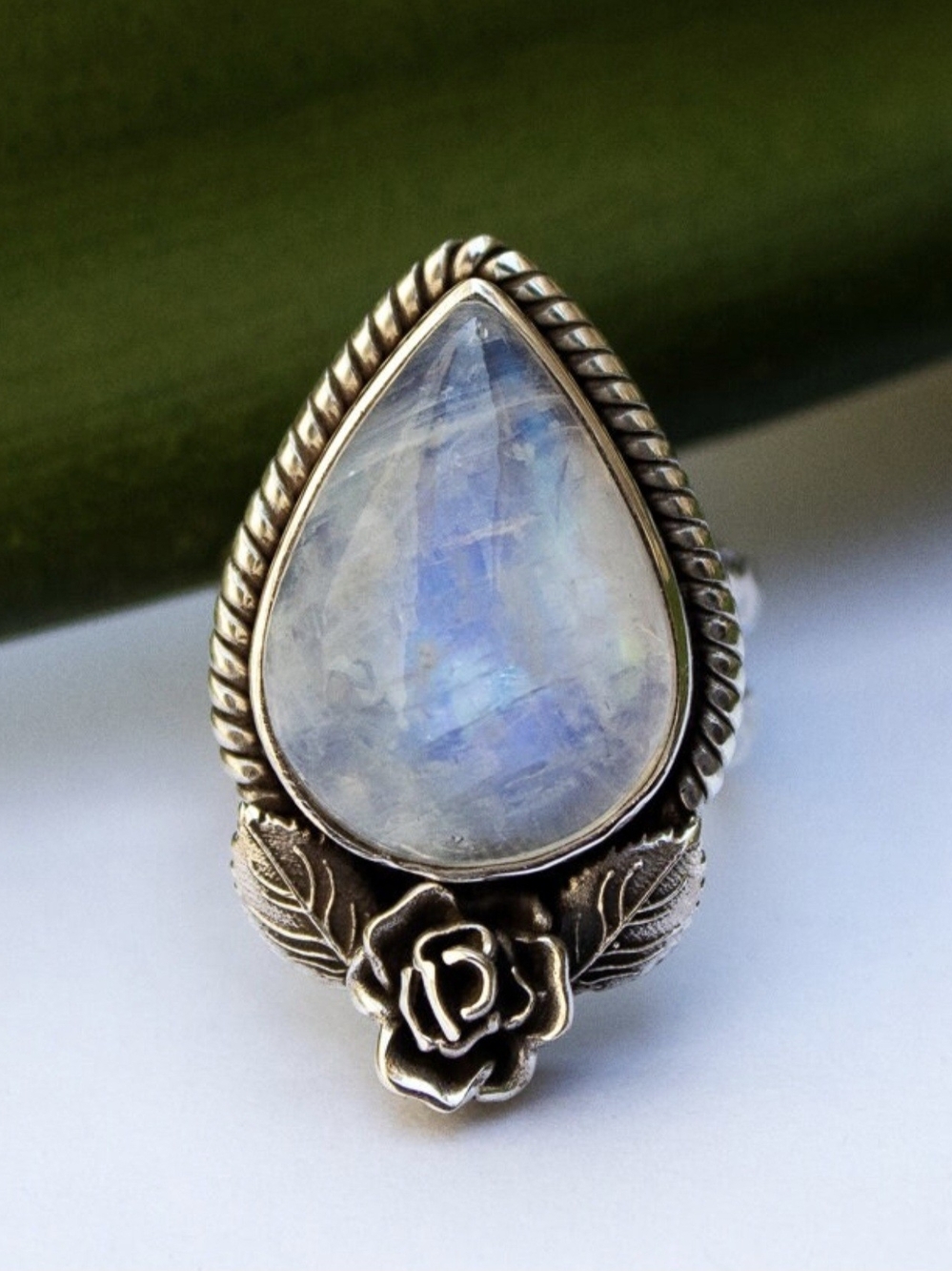 Moonstone Teardrop Sterling Silver Ring - Iridescent Blue-White Size 7